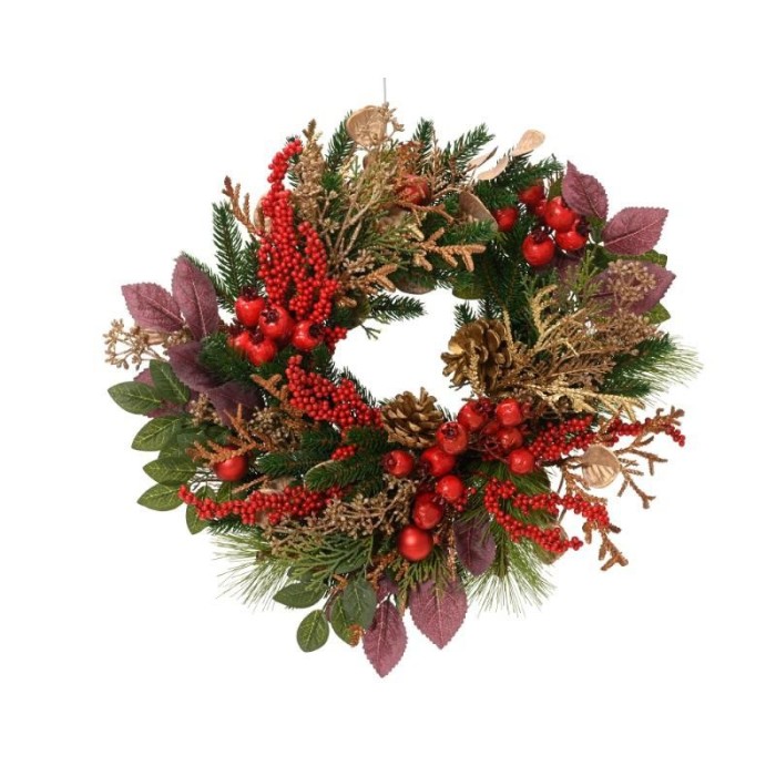 CORONA BACCHE ROSSE PIGNE ORO D.40 H.11